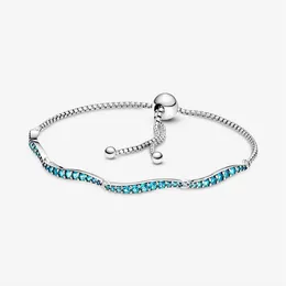 100 % funkelnde Gliederkette, blaue gewellte Schieber-Armbänder, 925er-Sterlingsilber, verstellbares Zirkonia-Armband, modische Damen-Hochzeit, 298 g