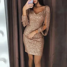 Basic Casual Dresse s Sparkly Sequin Short Evening Dress V Neck Chic Tassel Long Sleeve Solid Silver Female Wedding Sexy Fashion 231219
