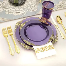 Teller, 25 Stück, durchsichtiger Kunststoff mit Goldrand, Einweg-Dessert-/Salatteller, perfekt für Hochzeit, Geburtstag, Party-Dekoration