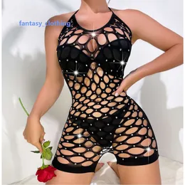 Hot Fishnet Bodstocking Sexy Hollow Out One-Piece Club Mesh Bodysuit Shorts With Hot Diamonds Fun Rhinestone Lingerie