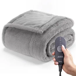 Sunbeam Grey Faux Fur Heated Electric Throw Blanket 231220