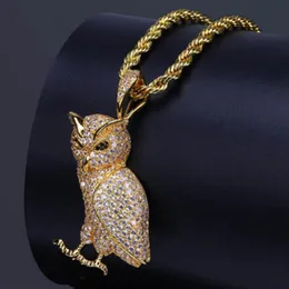 Luxury Iced Out Stainless Steel Animal Owl Pendant Necklace with 60cm Rope Chain Micro Pave Cubic Zirconia Simulated Diamonds Pend229H