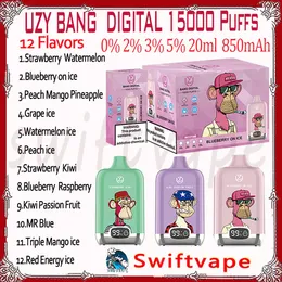 100% Original UZY Bang digital 15000 Puff Disposable E Cigarette 12 Flavors 20ml Pod Rechargeable Battery 850mAh 15K Puffs 0% 2% 3% 5% RBG Light Vape Pen Kit Fast Delivery