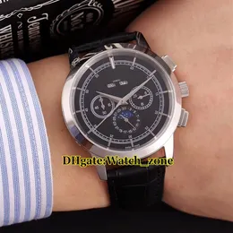 새로운 TraditeLelle Perpetual Calendar 5000T 000p Black Dial Moon Phase Automatic Mens Watch 가죽 스트랩 고품질 신사 Watch2410