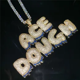 Collier personnalisé avec lettres de fond bleues, pendentif en or et argent, bijoux Hip Hop avec chaîne en corde, 315x