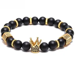 braccialetto Pave Black CZ Zirconia Gold King Crown Bracciale con ciondoli da uomo Bracciale con perline in pietra San Valentino gioielli da uomo fatti a mano227b