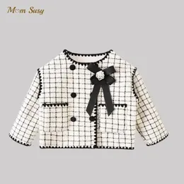 Baby Girl Princess Elegant Jacket Fleece Inside Spring Autumn Winter Child Vintage Plaid Coat Bow Outwear Clothes 1 10Y 231220