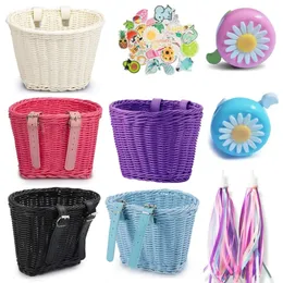 4pcsSet Bike Basket With Bell Stickers And Tassels Streamers For Kids Child Bicycle Handmade Artificial Wicker Bicycle Basket 231220