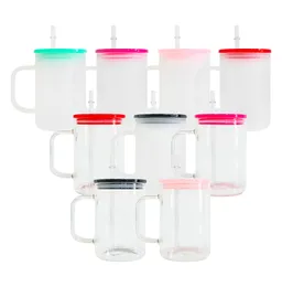 Ready to ship wholesale 17oz blank sublimation suitable for vinyl crystal clear frosted high borosilicate glass camper mugs with colored plastic pp lids and straws