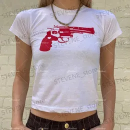 T-shirt das mulheres Vintage Grunge Crop Top Mulheres Verão Redondo Pescoço Manga Curta Kawaii Camiseta Femme Casual Streetwear Camiseta Tops 2022 Y2K Emo Top T231220