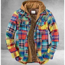 "세련된 남자 레트로 격자 무늬 셔츠 재킷 - 후드, 긴 소매 및 주머니가있는 빈티지 디자인 - 봄과 겨울에 적합합니다."