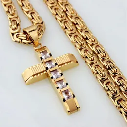 Herren-Halskette mit Kreuz- und Zirkon-Anhänger aus Edelstahl, Gold, flache Kette, Ton 6 mm, 22 Zoll, 180 Karat