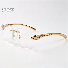 2018 Vintage Designer Solglasögon för män Kvinnor Rimless Buffalo Horn Glasses Gold Leopard Frames Billiga solglasögon Womens Eyeglasses225e