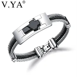 Charm Armband V YA 3 ROWS Wire Chain Cuff Cross rostfritt stål Män punk DIY Anpassad Engrave Man Jewelries Black Silver Color Ban3243