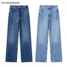Jeans femininos zatrhmbm mulheres 2023 outono moda casual reta vintage bolsos laterais zip cintura alta calças femininas mujer