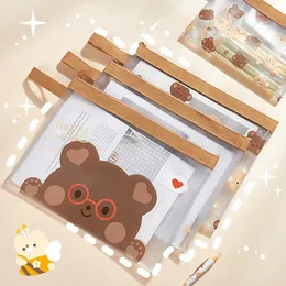 1 peça saco de armazenamento de arquivo bonito dos desenhos animados kawaii urso lápis caso a4 a5 transparente alta capacidade à prova dwaterproof água zíper bolso pastas 231220