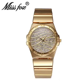Zegarwatki Miss Fox Brand Fashion Roman Numerals Gold Watche Women Słynna marka Diamond Watch Face For Women Clock Rhinestone Quartz Watch 231219