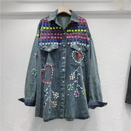 Damenjacken Damen Blumen Stickerei Diamanten Perlen Jeans Hemden Bunte handbemalte Graffiti Strasssteine Jeansmantel Kristall Strickjacke