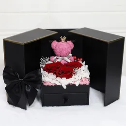 Dekorativa blommor Alla hjärtans dag Bear Eternal Flower Gift Box Double Open Door Rose Necklace Jewelry Christmas Lipstick Packaging