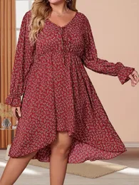 Plus Size Dresses Finjani Boho Dress Women's Ditsy Floral Print Long Sleeve Ruffle Trim V Neck Tie Front Summer