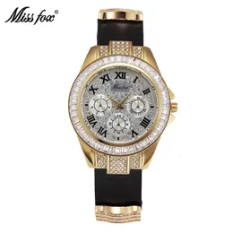 Avanadores de pulso Miss Fox Fashion Watch Ladies Rhinestone Top Brand Quartz All Metal Gold Wristwatch Roman Numeral Dial Clock Kol Saati Relógios 231220