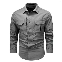 Erkekler Sıradan Gömlekler Düz Renk Uzun Kollu Askeri Gömlek Çift Gizli Yan Çekme Cepleri Yakel Düğmesi İnce Fit Bluz Erkek Giyim