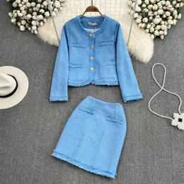 Vestidos de trabalho feminino elegante vintage tweed terno borla jacke casaco e saia duas peças conjunto combinando roupa inverno jacquard 2023 roupas de festa