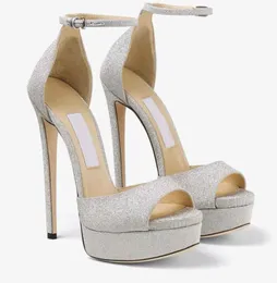 2024 Kadın Düğün Sandal Pompaları Tasarım Yüksek Topuklu Maksimum 150 Metalik Gümüş Glitter Kumaş Platform Stiletto Topuk Sandalet Tıknaz Siyah Beyaz 35-43 Kutu