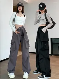 Calças femininas retro baggy bolso carga mulheres primavera verão em linha reta larga perna calças femininas moda coreana hip hop y2k streetwear