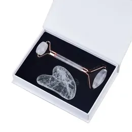 Set di strumenti per massaggio facciale Gua Sha al quarzo di roccia a forma di cuore, rullo di giada in cristallo bianco naturale, massaggiatore viso Guasha, regalo per la cura della pelle