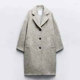 Trench da donna 2024 Giacca lunga in twill a spina di pesce da donna Manica monopetto Vintage Autunno Inverno Magliette allentate casuali