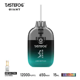 100% Original Tastefog Giant Puff 12000 Vape descartável 2% Mesh Coil Puff 12k E-Cigarette 15ml 650 Bateria recarregável 12 sabores com lanterna LED Controle de fluxo de ar