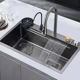 Sinks Kitchen Sink Waterfall Faucet Pullout Water Tap Kitchen Accessories Application Single Stainless Steel Bowl Basin Kitchen Sink