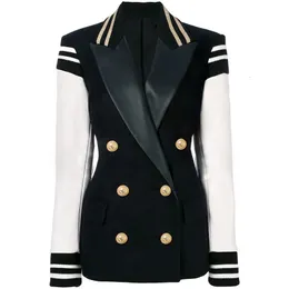 High Street Fashion Classic Varsity Jacket Women's Lion Buttons Double Breasted Leather Sleeve Patchwork Blazer 231220