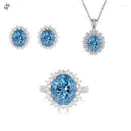 Colares de pingente topa pedra mar azul 3 peças conjuntos feminino colar brincos anel luxo elegante série para vestidos de festa à noite