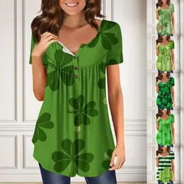 Camisetas femininas St. Patrick's Túnica de manga curta solta top casual plus size botão plissado verão gravata floral