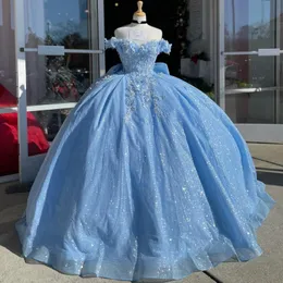 Sparkly Sky Blue Ball Gown Quinceanera Dress Elegant Luxury Prom Dresses 3d Floral Applicies spetsparti spets födelsedagsklänningar