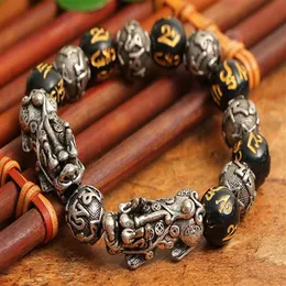 Silverpläterad rikedom 3D dubbel Pixiu Charm Natural Stone Buddha pärlor armband feng shui mäns smycken307j