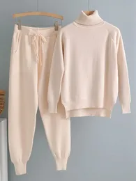 2 sztuki Zestaw Kobiety z dzianiny Turtleeck Sweater marchewkowe spodnie do joggingu Pullover SWEAT SWORM SKUTEK ZAKRESY 231220