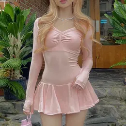 Casual Dresses Cute Long Sleeve Ruffle Ruched Short for Women Korean Fashion Y2K Fairycore Kawaii Pink Mini Party Dress