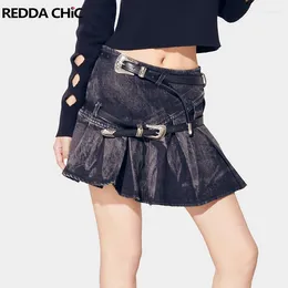 Saias Reddachic Diagonal Belto Auto-Belto Denim Mini Salia Platada Rise baixa Y2K Retro Cowgirl Bottom curto Harajuku Mulheres coreanas