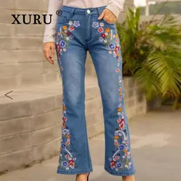 Женские узкие джинсы XURU в европейском и американском стиле с вышивкой, уличные трендовые универсальные брюки K7 6135 231220