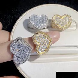 Bandringar Big Heart Shaped Ring fl asfalterad vit baguette cz is ut bling fyrkantiga kubiska zirkon modeälskare smycken för kvinnor män dr dhixk