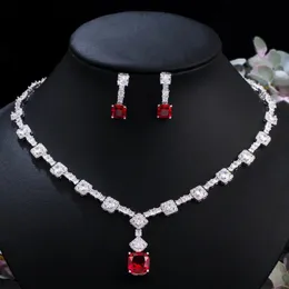 CWWZIRCONS шикарные круглые и квадратные срезанные красные кубические циркониевые женские свадебные ювелирные украшения набор элегантной серьги ожерелья для невест T454 231221