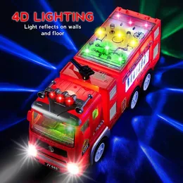 Electric Fire Truck Kids Toy med ljusa blinkande 4D -lampor Real Siren Sounds Bump and Go Firetruck Engine for Boys 231221