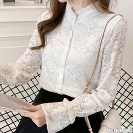 Women's Blouses 2024 Spring Autumn Basic Shirts Blouse Women Turtleneck Long Sleeve Elegant Office Lady Work White Lace Ruffled Chic Tops