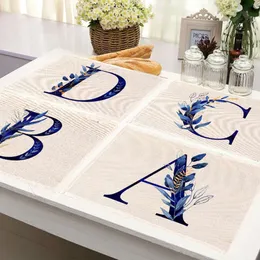 Blå bokstäver mönster kök placemat hem dekor mönster matbord mattor te coaster bomull linne kuddar skål kopp mattor hem dekoration