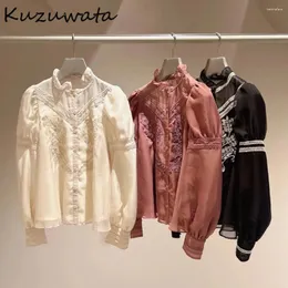 Blusas femininas kuzuwata sweet stand colar bufk manga de chiffon camisa de renda voil bordado elegante japão moda retchwork blusas casuais