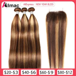 4x4 HD 레이스 클로저를 가진 직선형 인간 머리 다발 사전 뽑은 P4 27 Color Peruvian Remy Extention 220G Set 231221