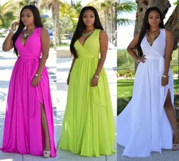 Marke Neue Frauen Sommer Lange Maxi BOHO Party Kleid Strand Kleider Ärmellose V-ausschnitt Sommerkleid Solide Schärpen Kleid9251272
